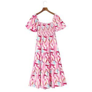 Pink Peasant Square Neck Tied Smocked Midi Flare Dress Sz XL Casual Boho Style